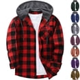 thumbnail image 1 of Men's Plaid Lumberjack Shacket Hooded Flannel Shirt Jacket Long Sleeve Button Down Coat Drawstring Hood Chest Pocket for Fall Layering, Red, XL, 1 of 4