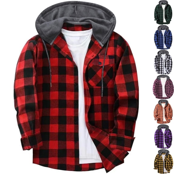 Men's Plaid Lumberjack Shacket Hooded Flannel Shirt Jacket Long Sleeve Button Down Coat Drawstring Hood Chest Pocket for Fall Layering, Red, XL