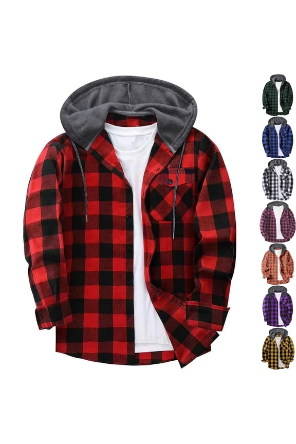 Men's Plaid Lumberjack Shacket Hooded Flannel Shirt Jacket Long Sleeve Button Down Coat Drawstring Hood Chest Pocket for Fall Layering, Red, XL