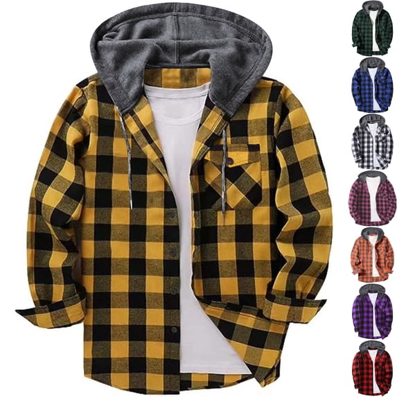 Men's Plaid Lumberjack Shacket Hooded Flannel Shirt Jacket Long Sleeve Button Down Coat Drawstring Hood Chest Pocket for Fall Layering, Yellow, L