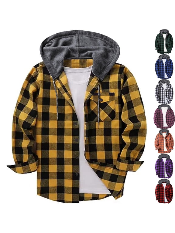 Men's Plaid Lumberjack Shacket Hooded Flannel Shirt Jacket Long Sleeve Button Down Coat Drawstring Hood Chest Pocket for Fall Layering, Yellow, S