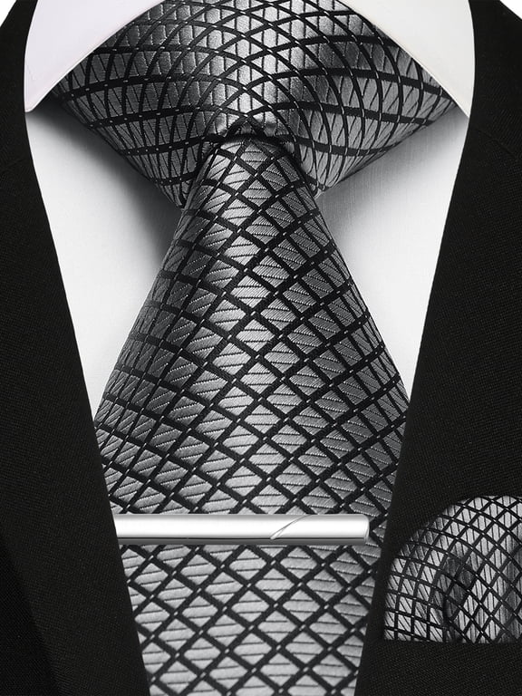Men's Grey Plaid Necktie, Tie for Men Pocket Square Clip Set Business Formal Wedding Ties One Size