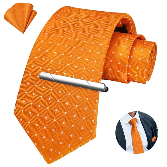 Ties for Men Plaid Neckties and Pocket Square Clip Sets for Men Formal Business Necktie Orange