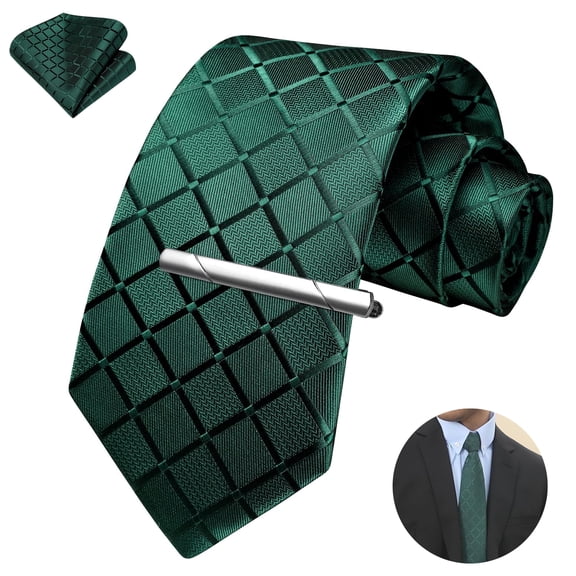 Men's Plaid Necktie, Tie for Men Pocket Square Clip Set Business Formal Wedding Ties One Size