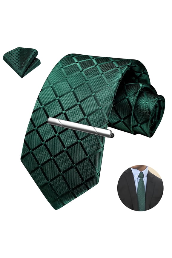 Men's Plaid Necktie, Tie for Men Pocket Square Clip Set Business Formal Wedding Ties One Size