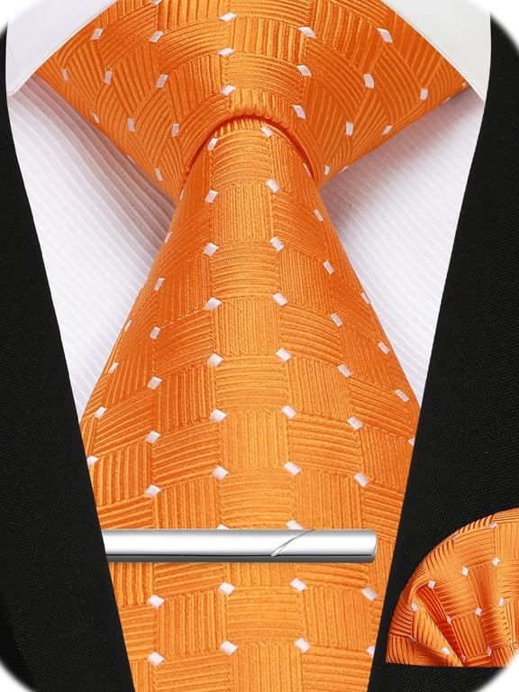 Orange Ties for Men, 3pcs Plaid Neckties and Pocket Square Clip Sets Formal Business Wedding Necktie