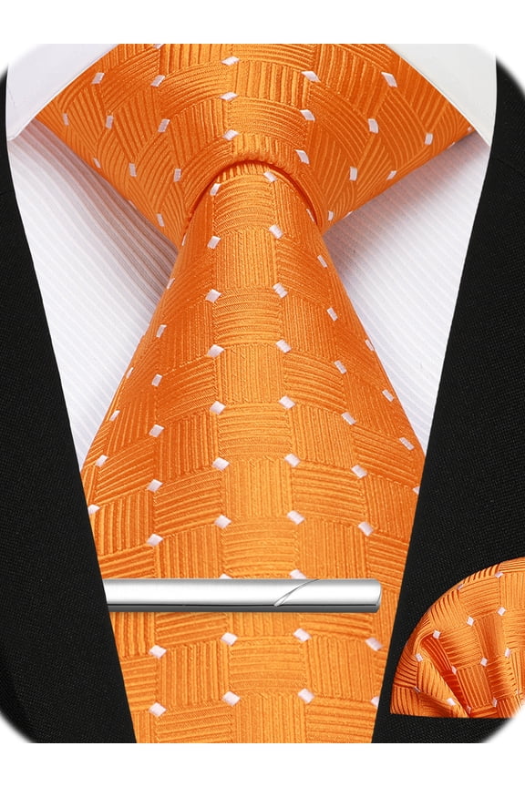 Ties for Men,Plaid Neckties and Pocket Square Clip Sets 3pcs Formal Business Wedding Necktie Orange