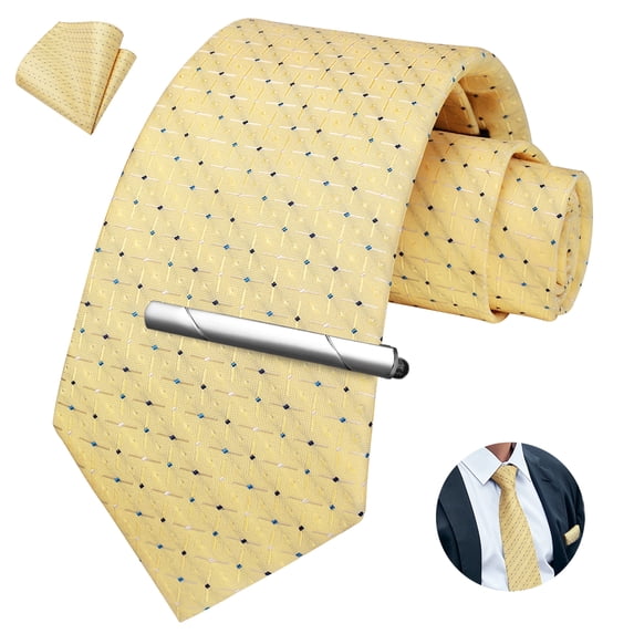 Men's Plaid Necktie, Tie for Men Pocket Square Clip Set Business Formal Wedding Ties One Size