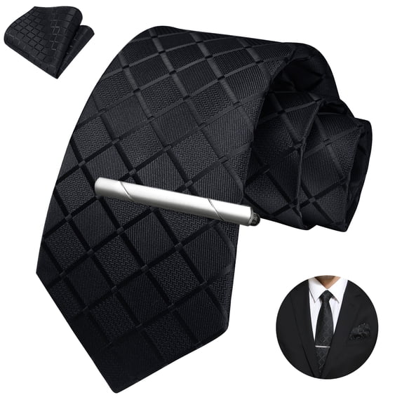 Mens Plaid Ties Classic Black Necktie with Handkerchief Clip Set Formal Pocket Square Clip Tie