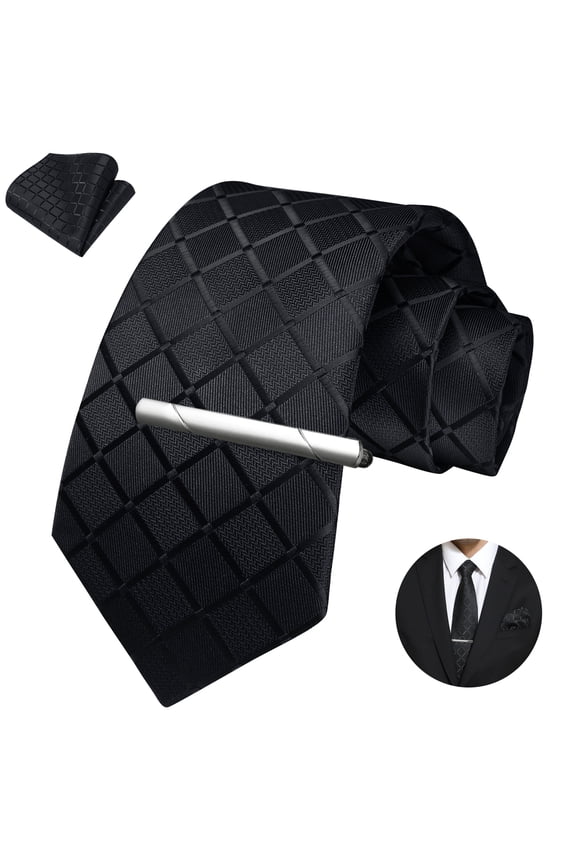 Mens Plaid Ties Classic Black Necktie with Handkerchief Clip Set Formal Pocket Square Clip Tie