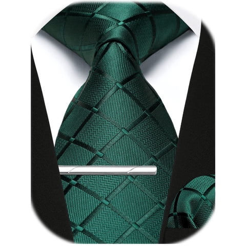 Men's Plaid Neckties, Green Ties for Mens Pocket Square Clip Sets Business Formal Wedding Tie 3pcs