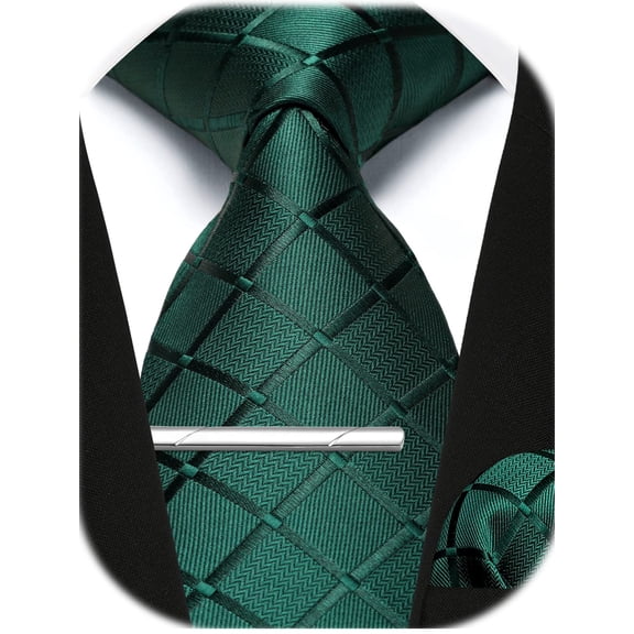 Men's Plaid Neckties, Green Ties for Mens Pocket Square Clip Sets Business Formal Wedding Tie 3pcs
