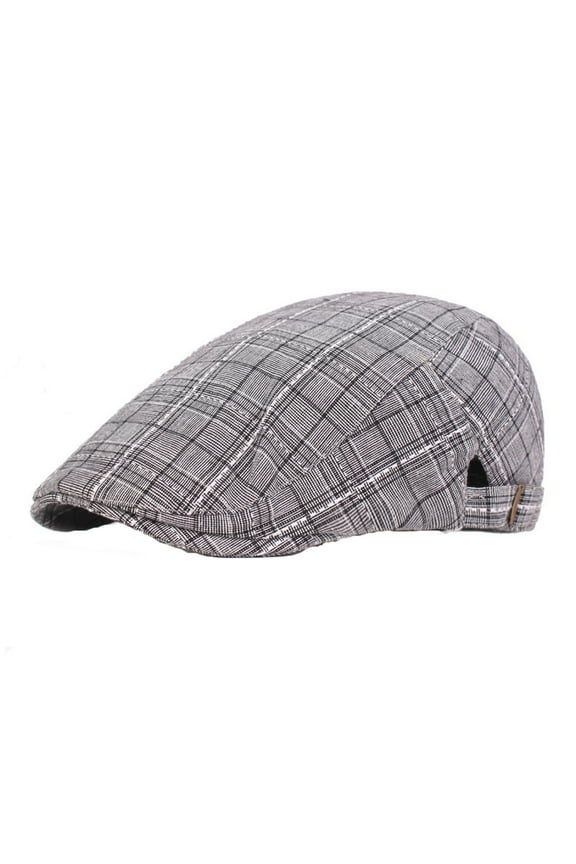 Men's Plaid Newsboy Hat, Vintage Adjustable Flat Cap with Buckle Closure, Cotton Irish Driver Cap for Men, Retro Baker Boy Hat for Driving, Fishing, and Casual Daily Wear - Grey