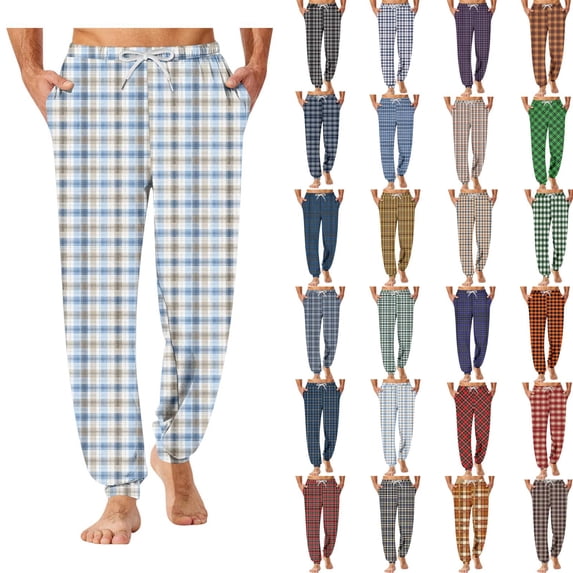 Men's Plaid Pajama Joggers Elastic Drawstring Waist Sleep Pants Casual Loungewear Bottoms with Side Pockets