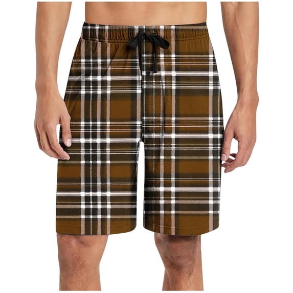 Men's Plaid Pajama Shorts Woven Cotton Sleep & Lounge Shorts, Lightweight Elastic Waist PJ Bottoms with Pockets & Button Fly Size 3XL Coffee
