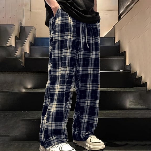Men's Plaid Pants Baggy Drawstring High Waisted Vintage Lounge Pants Casual Loose Fit Wide Leg Pant with Pockets