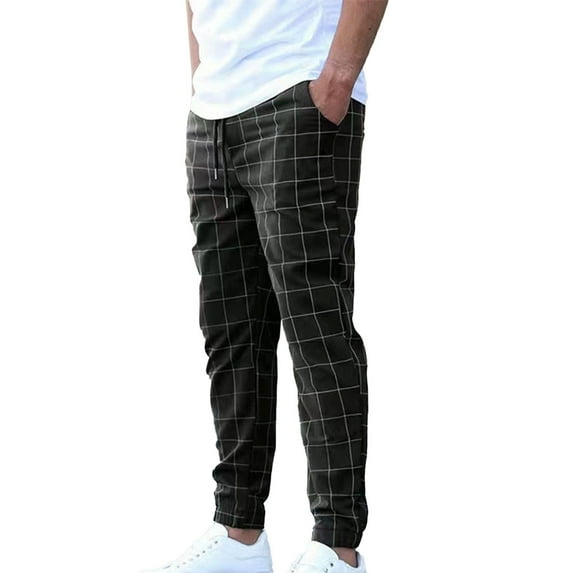 Men's Plaid Pants Drawstring Elastic Waist Pants Loose Fit Casual Jogger Golf Pants with Pocket