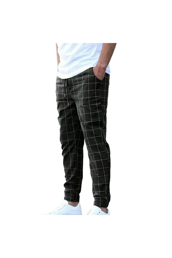 Men's Plaid Pants Drawstring Elastic Waist Pants Loose Fit Casual Jogger Golf Pants with Pocket