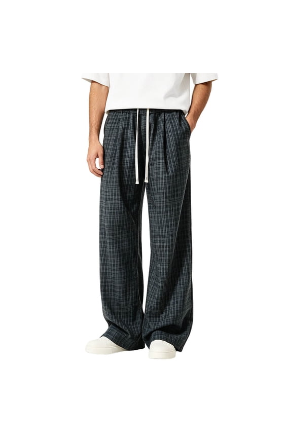 Men's Plaid Pants Vintage Goth Checkered Straight Leg Pants with Drawstring Navy L