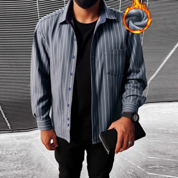 Men's Plaid Patchwork Jacket Fashion Flip Collar Button Pocket Long Sleeve Fleece Lined Shirt Blouse