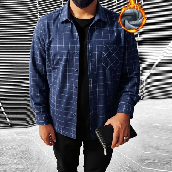 Men's Plaid Patchwork Jacket Fashion Flip Collar Button Pocket Long Sleeve Fleece Lined Shirt Blouse