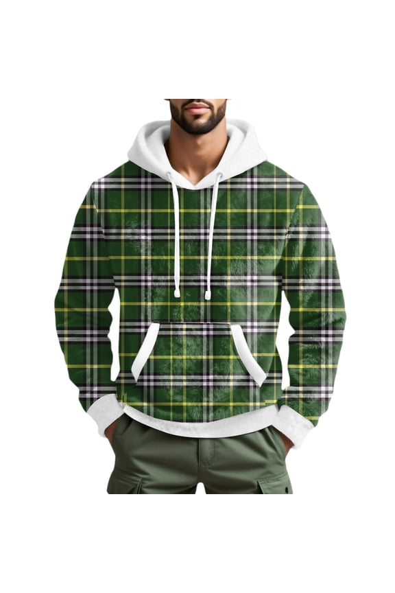 Men's Plaid Pattern Long Sleeve Hooded Sweatshirt for Sports Tracksuit with Drawstring Hood, Classic Check Design, Comfortable for Running and Everyday Activities,Green,M