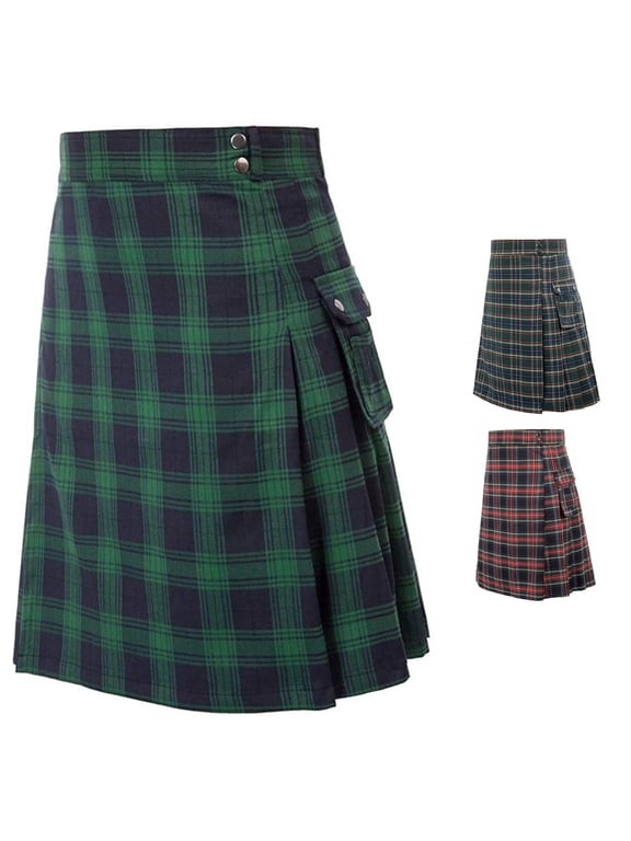 Men's Plaid Pleated Skirt Contrast Pocket Detail Utility Kilt Casual Streetwear Skirt for Theme Party Outfit
