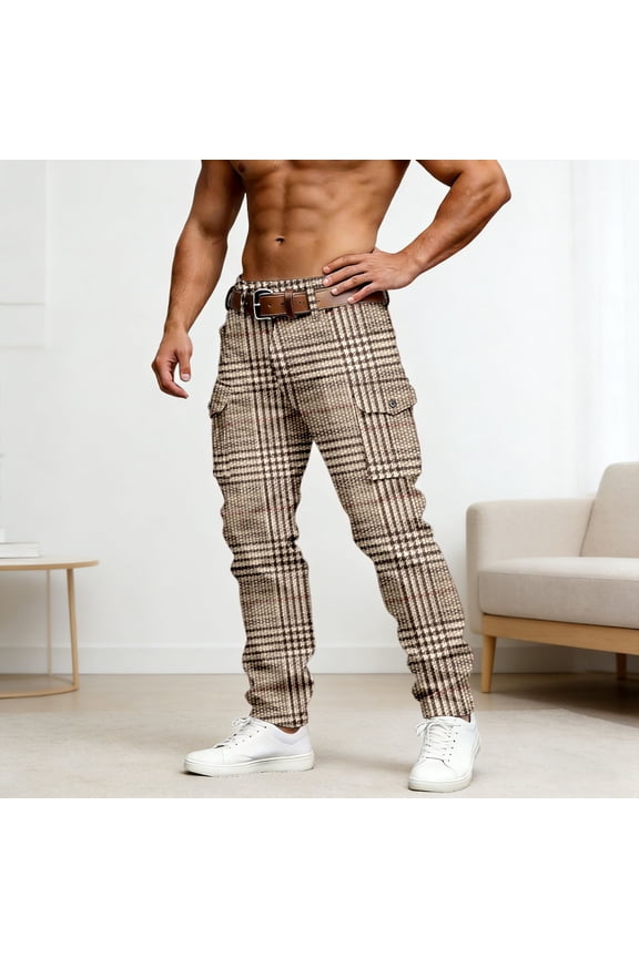 Men's Plaid Print Cargo Pants - Multi-Pocket Utility Trousers Loose Fit Casual Wear, Stylish Houndstooth Pattern Bottoms for Spring Fall Winter (S-XXXXL)