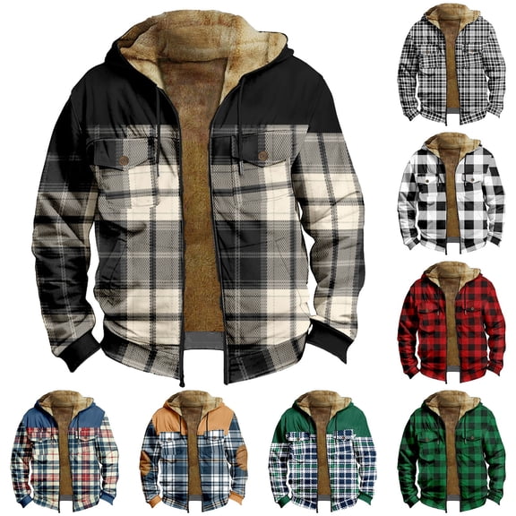 Men's Plaid Print Double Pocket Fleece Lined Thickened Jacket with Zipper Hood - Big Size Casual Coat for Winter Style, Snowboarding, and Holiday Parties, Perfect for Gifts,Army Green,XL