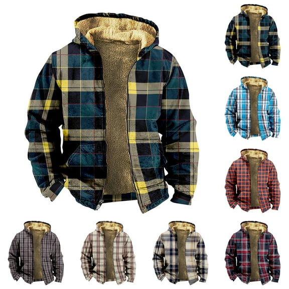 Men's Plaid Print Fleece Lined Thickened Jacket with Zipper Hood - Big Size Trendy Coat for Winter Casual Wear, Christmas Parties, and Outdoor Adventures, Perfect for Everyday Use,Blue,L