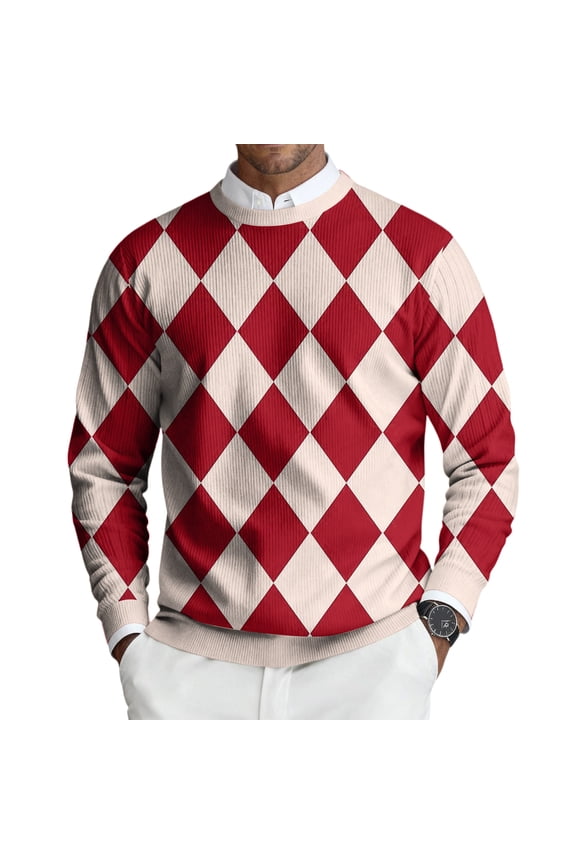 Men's Plaid Print Long Sleeve Crew Neck Ribbed Knit Shirts Lightweight Pullover Tops