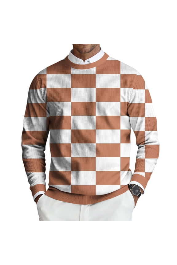 Men's Plaid Print Long Sleeve Crew Neck Ribbed Knit Shirts Lightweight Pullover Tops