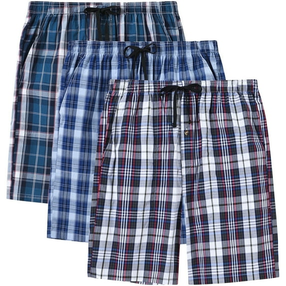 MoFiz Men's 3-Pack Woven Pajama Shorts 100% Cotton Plaid Sleep Lounge