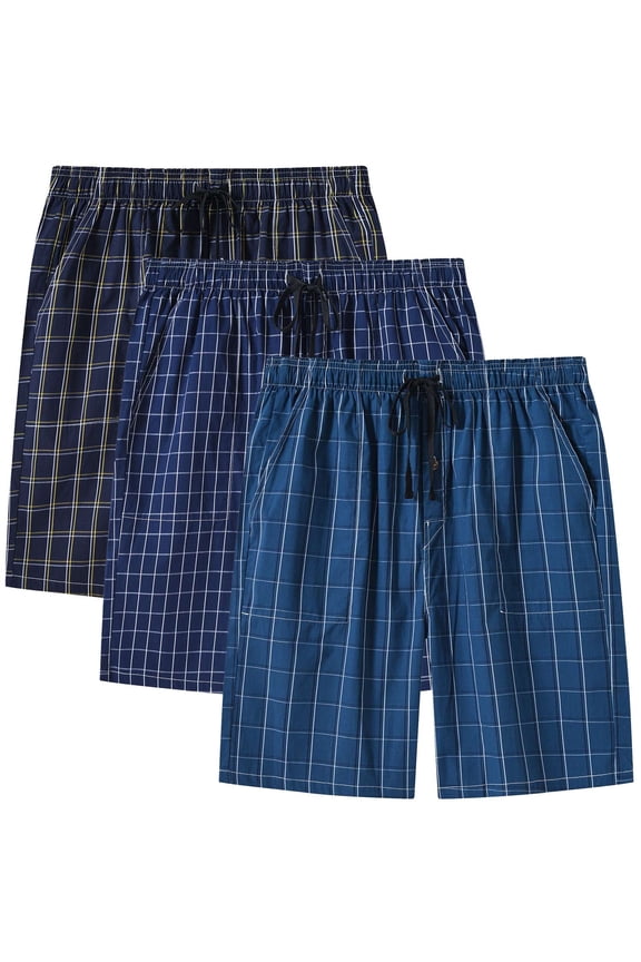 Men's 3-Pack Woven Pajama Shorts 100% Cotton Plaid Sleep Lounge