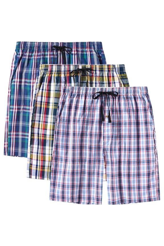 Men's 3-Pack Woven Pajama Shorts 100% Cotton Plaid Sleep Lounge