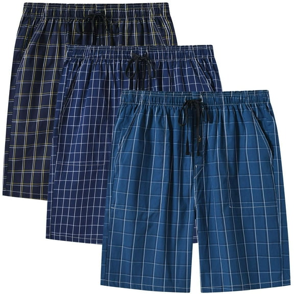 MoFiz Men's 3-Pack Woven Pajama Shorts 100% Cotton Plaid Sleep Lounge