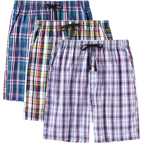 Men's 3-Pack Woven Pajama Shorts 100% Cotton Plaid Sleep Lounge