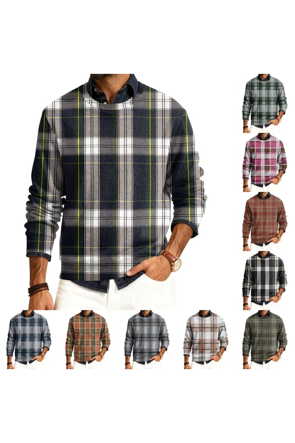 Men's Plaid Print Round Neck Long Sleeve Ribbed Knit Pullover, Sweater for Fall Winter, Casual Style and Holiday Season,Black,L