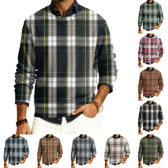 Men's Plaid Print Round Neck Long Sleeve Ribbed Knit Pullover, Sweater for Fall Winter, Casual Style and Holiday Season,Blue,L