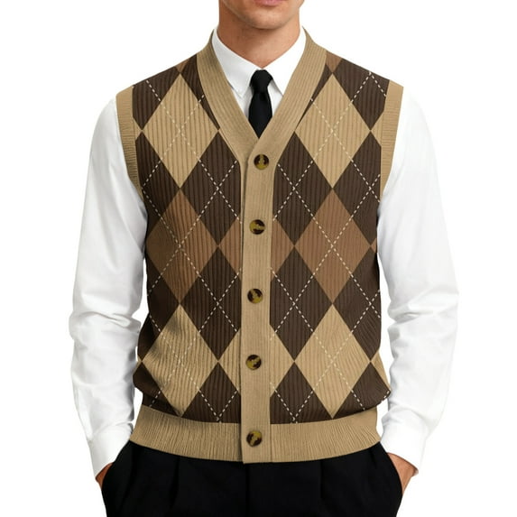 Men's Plaid Print V-Neck Sleeveless Knitted Button-Down Shirt Casual Vest Coffee Size L