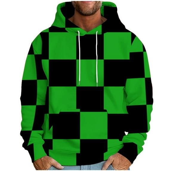 Men's Plaid Printed Hoodies Sweatshirt Loose Long Sleeve Hooded Printed Drawstring Sweatshirt With Pocket