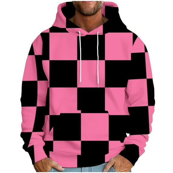 Men's Plaid Printed Hoodies Sweatshirt Loose Long Sleeve Hooded Printed Drawstring Sweatshirt With Pocket