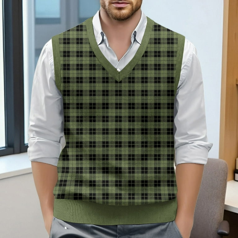 YOOZIO Army Green Mens V-Neck Sleeveless Sweater Vests Argyle