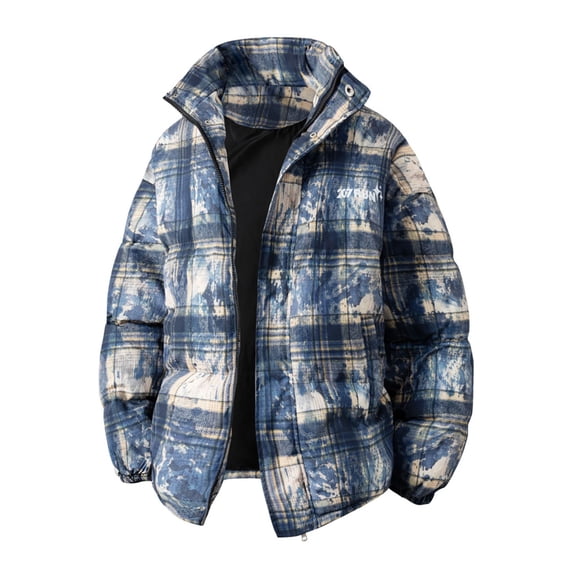Men's Plaid Puffer Jackets Long Sleeved Stand Up Collar Winter Coat Zipper Thickened Warm Down Jacket Army Green 2XL