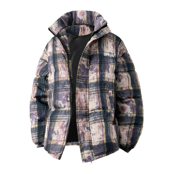 Men's Plaid Puffer Jackets Long Sleeved Stand Up Collar Winter Coat Zipper Thickened Warm Down Jacket Army Green 5XL