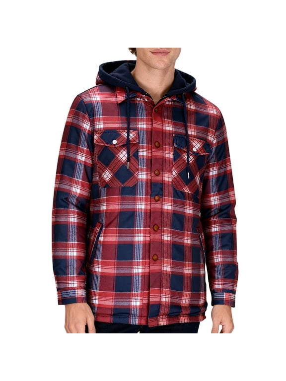 Men's Plaid Quilted Lined Hooded Shacket Heavyweight Warm Thermal Insulated Outerwear Coat with Pockets for Outdoor Work, Red, XL