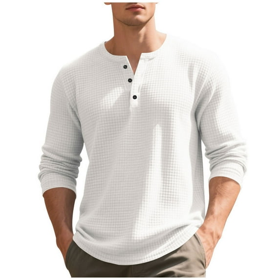 Men's Plaid Ribbed Henley T Shirts Long Sleeve Crewneck Shirt Slim Fit Soft Button Down Pullover Tee Tops