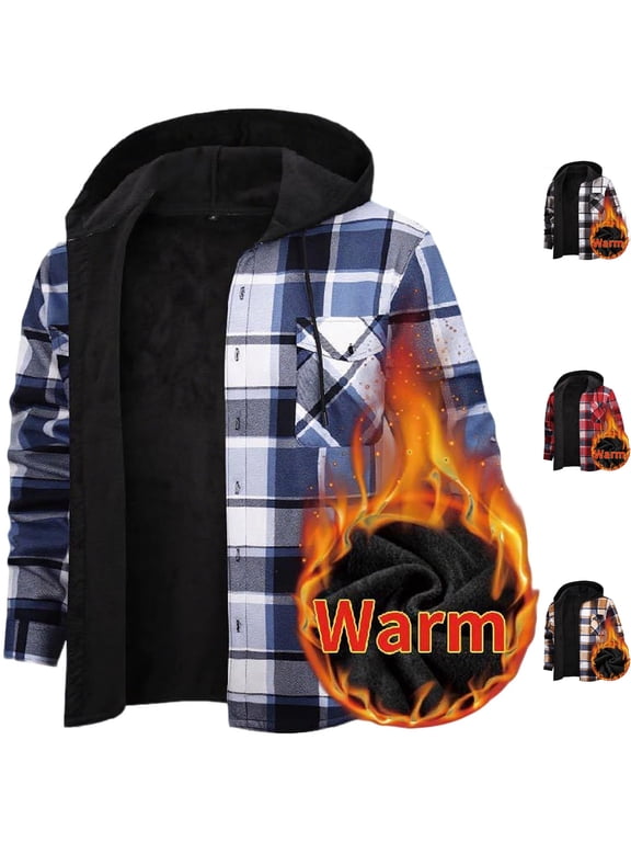 Men's Plaid Shacket Hooded Fleece Lined Heavyweight Button Down Shirt Jacket Warm Coat for Winter Travel Outdoor Work with Chest Pockets, Blue, XL