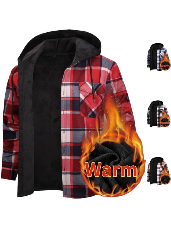 Men's Plaid Shacket Hooded Fleece Lined Heavyweight Button Down Shirt Jacket Warm Coat for Winter Travel Outdoor Work with Chest Pockets, Red, L