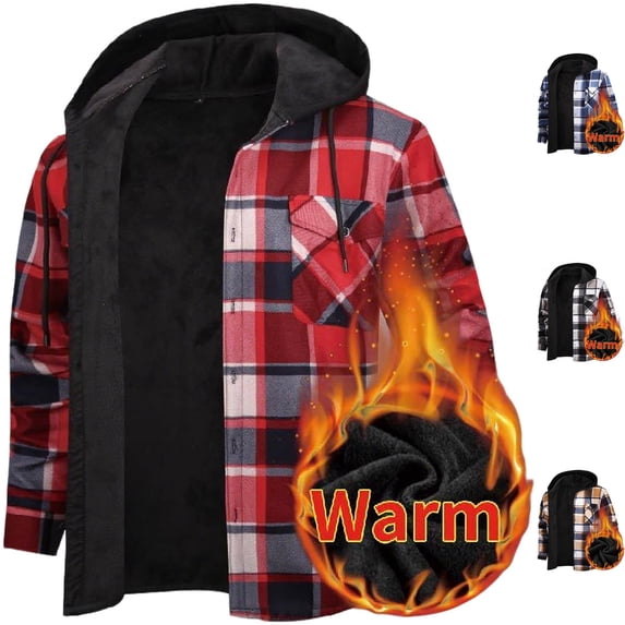 Men's Plaid Shacket Hooded Fleece Lined Heavyweight Button Down Shirt Jacket Warm Coat for Winter Travel Outdoor Work with Chest Pockets, Red, XL